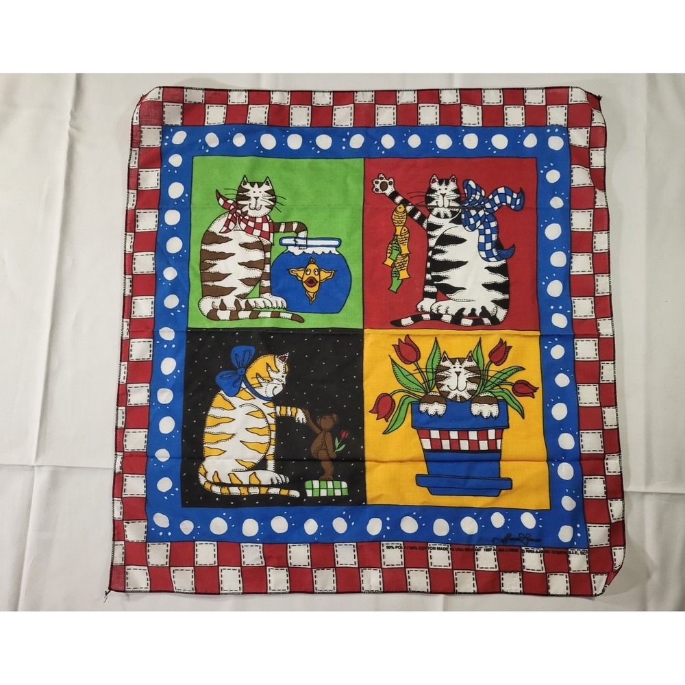 Vintage 1997 Alma Lynne Cat Bandana Hav-A-Hank Scarf Whimsical Folk Art 21" USA